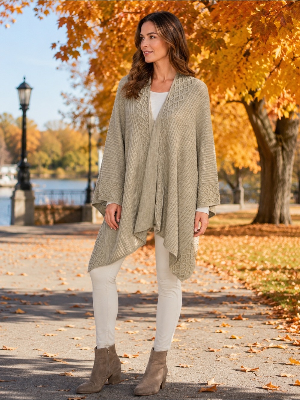 Lake Shore Drive Tan Silver Metallic Knit Poncho Cape One Size NWT